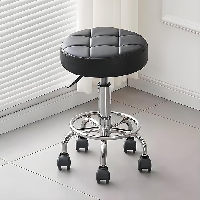Rayyl Rolling Stool with Wheels Classic PU Leather - 400lb Capacity with Quiet Wheels, 360° Swive Adjustable Height, Ultra-Comfort Seat, for Salon Tattoo Work Home SPA Shop Use (Black)