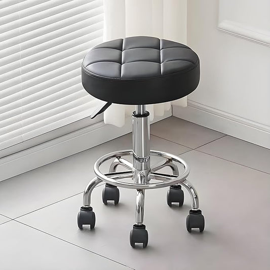 Rayyl Rolling Stool with Wheels Classic PU Leather - 400lb Capacity with Quiet Wheels, 360° Swive Adjustable Height, Ultra-Comfort Seat, for Salon Tattoo Work Home SPA Shop Use (Black)