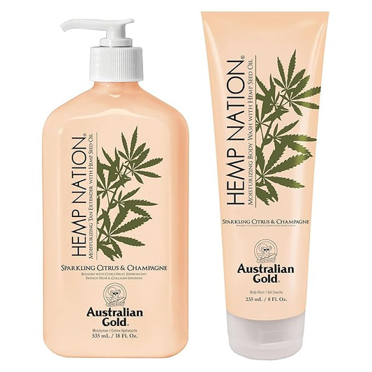 Australian Gold Hemp Nation Sparkling Citrus & Champagne Bundle - Tan Extender Body Lotion (18 FL Oz) & Body Wash (8 FL Oz), Effervescent Orange, Grapefruit & French Wine Extract, Pure Hemp Seed Oil