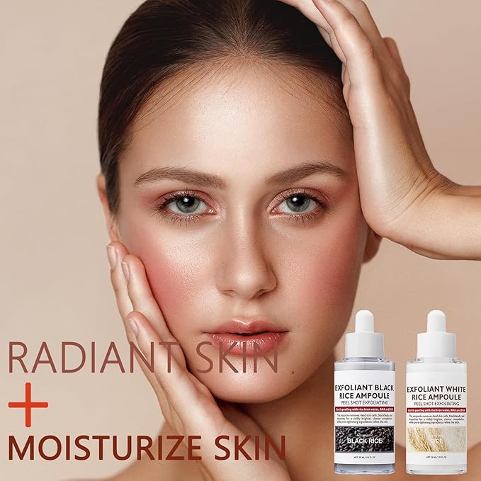 2PCS Peel Shot Glow Rice Ampoule Duo, Rice Exfoliating Ampoule Set, Black and White Rice Exfoliant, Rice Ampoule Duo Exfoliating Solution, Gentle Peel + Pore Minimizing & Deep Hydration for All Types