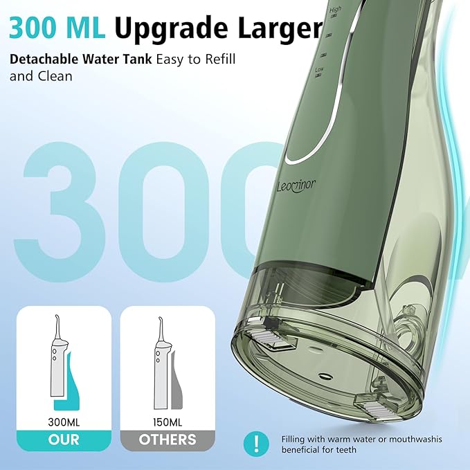 Leominor Water Dental Flosser Pick for Teeth, 300ML Portable Oral Irrigator Upgraded Tank Removable,IPX7 Waterproof, Rechargeable Travel Teeth Cleaner, Professional Electric Flossing Machine(O-Green)
