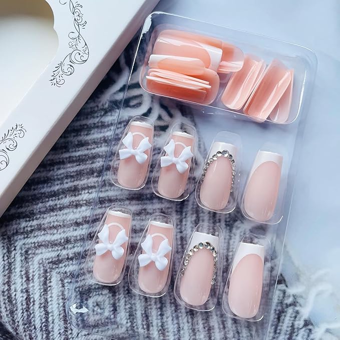 24Pcs Long Square Press on Nails White French Tip Fake Nails with Gem Design Rhinestones Glue on Nails Reusable Bow False Nails Glossy Full Cover Stick on Nails for Women Girls Acrylic Manicure Salon