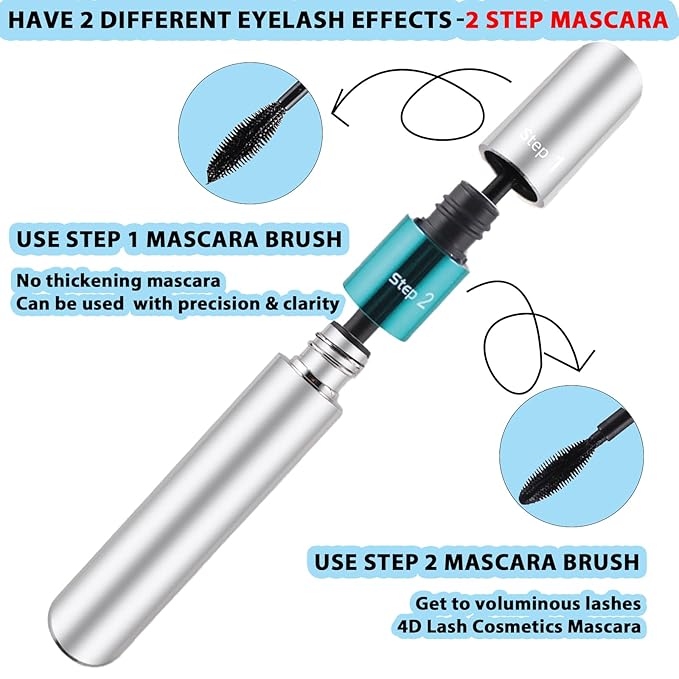 2 Pack 2 in 1 QIC Mascara, 5x Longer Washable Black Mascara, 4D Silk Fiber Lash 2 Step Mascara, No Clumping, Long-lasting Waterproof Mascara, Lash Cosmetics Beauty Eye Make up