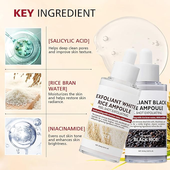 2PCS Rice Exfoliating Ampoule Set, Black & White Rice Exfoliant Brightening Duo for Glowing Skin, Gentle Peel & Pore Minimizing & Deep Hydration for All Skin Types