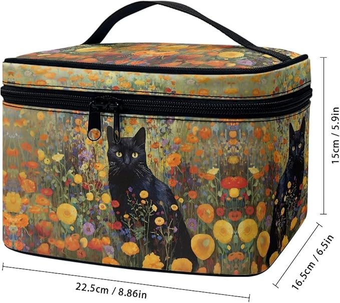 Black Cat Vibrant Floral Pattern Travel Makeup Bags for Women Portable Tote Cosmetic Case with Carry Handle Toiletry Accessories Storage Organizer Bags