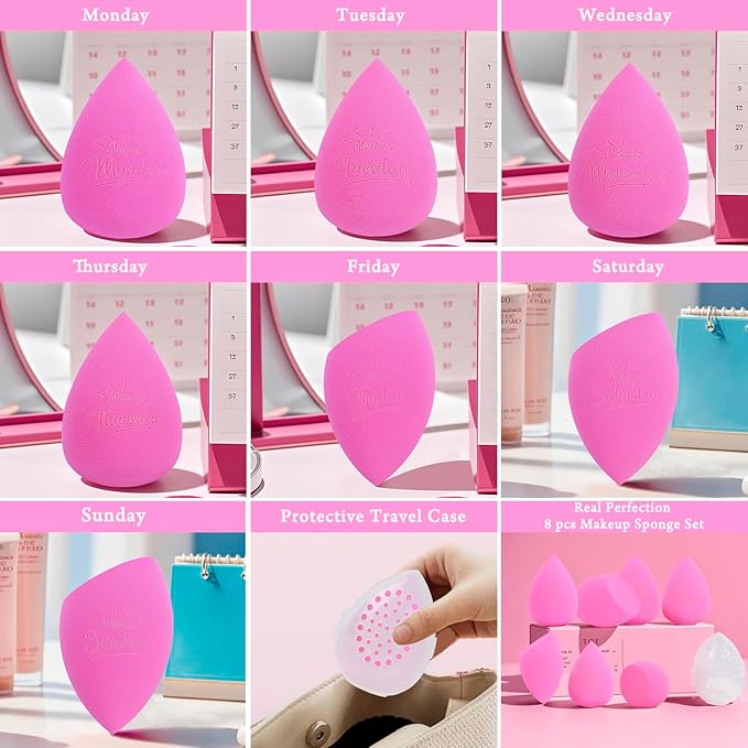 Real Perfection Makeup Sponge Set Blender Sponges, Latex-Free Beauty Makeup Sponges 7 pcs with 1 Travel Container Case for Blending Foundation Liquid Cream and Powder (Pink)