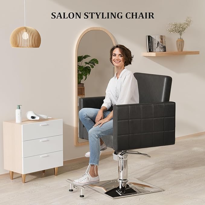 Salon Styling Chair for Hair Stylist Wide Seat, Hydraulic Barber Chair with Stainless Steel Footrest, Black Hair Salon Chair Heavy Duty, Beauty Spa Cosmetology Shampoo Hairdressing Equipment