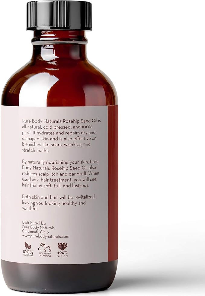 Pure Body Naturals Rosehip Oil Facial Oil for Face, Nails, Hair and Skin, Rosehip Seed Oil, 4 Fl. Ounce
