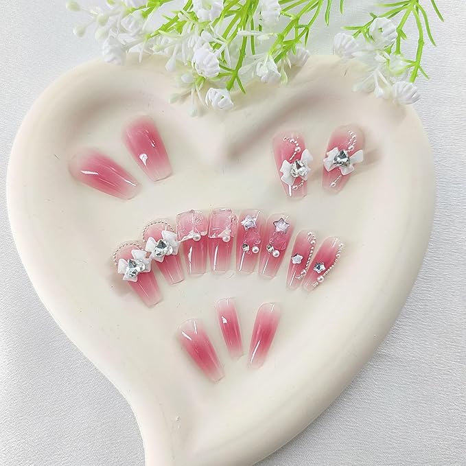 Coffin Press on Nails Decorate Fake Nails Medium Pink-Red Blooming Glue on Nails with Heart Gem Bow Designs Pearl Star Nail Press ons 5D Glossy Acrylic Stick on Nails for Women 24Pcs