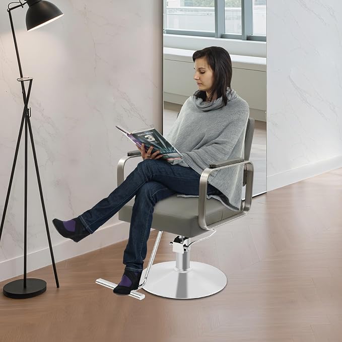 Barber Salon Chair, Hair Salon Chair for Hair Stylist for Barbershop Home Height Adjustable & 360° Swivel Styling Barber Chairs Spa Beauty Equipment, Max Load Weight 440Lbs (Grey+Silver)