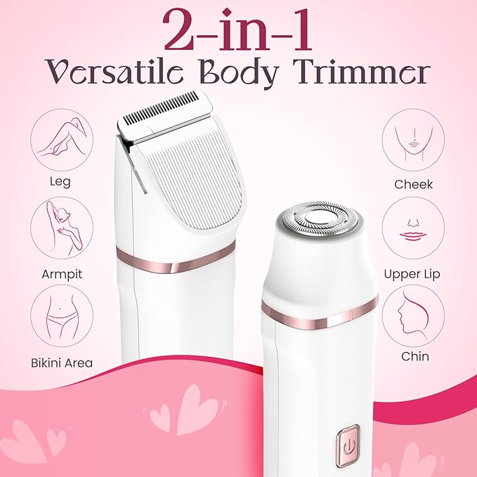 Pubic Hair Trimmer Women - 2-in-1 Electric Bikini Shaver & Facial Hair Remover, Waterproof Body Groomer with Ceramic Blades, USB-C Fast Charging Dock, Cordless Razor for Women's Sensitive Skin (White)