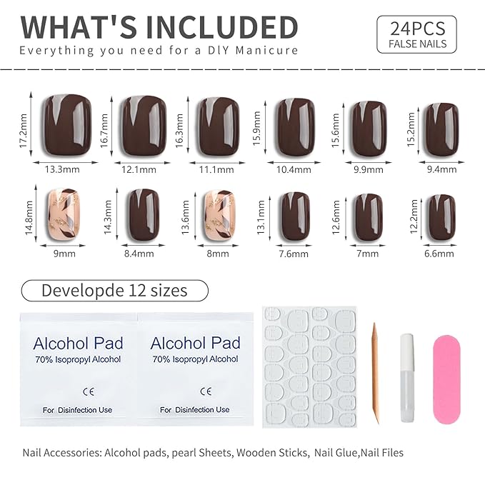 Brown Press On Nails Short Square 24pcs, Nude Coffee False Nails with Gold Leaf Design, Glossy Acrylic Stick On Nails, Natural Reusable Glue On Fake Nails Kit for Women