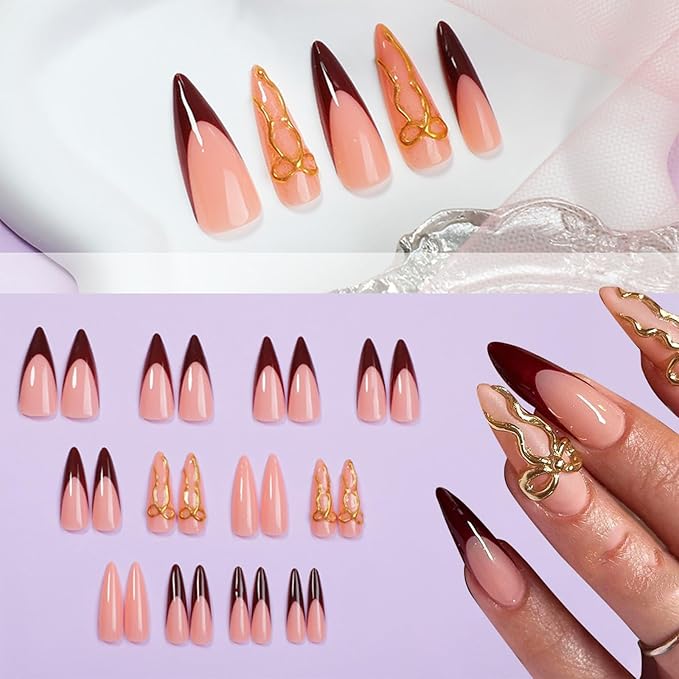 IMRAIN Press on Nails Long Stiletto Fake Nails Wine Red French Tips False Nails with 3D Golden Bow Designs Full Cover Glossy Glue on Nails Artificial Acrylic Nude Nail Press ons 24Pcs