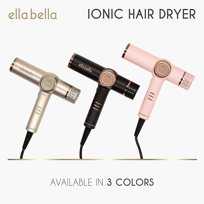 ELLA BELLA® Professional Ionic Hair Dryer with Diffuser • Negative Ion Blow Dryer • Suitable All Hair Types • Intelligent Heat Control & Rapid Drying Speeds • Lightweight Design • Low Noise Technology