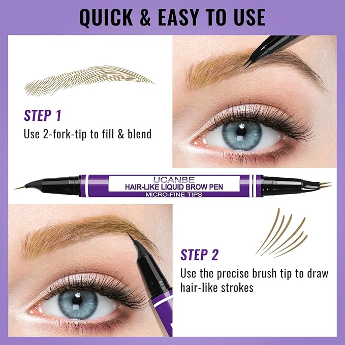 UCANBE Eyebrow Pen, Dual-Curved Eyebrow Pencils for Women, 2-in-1 Brow Pencil with 2-Fork-Tip & Precise Brush-Tip for Natural Hair-Like Brows, Waterproof Microblading Brow Pen Last 24Hrs(Light Brown)