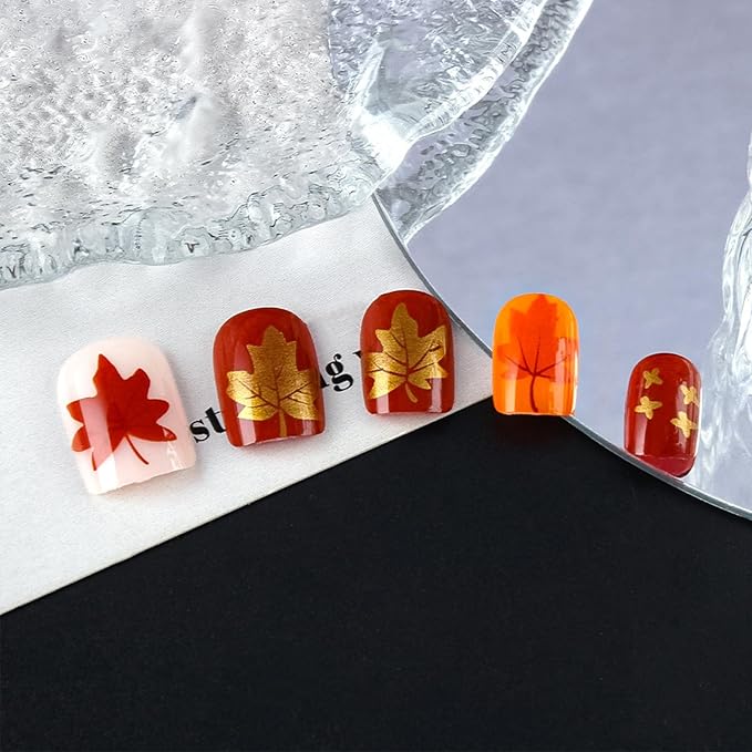 Red Maple Leaf Press on Nails 24Pcs Glossy Gold Glitter Acrylic Fake Nail Thanksgiving Short Square False Nails Fall Leaves Stick on Fingernails Autumn Gel Glue on Nail for Coquette Women Girls