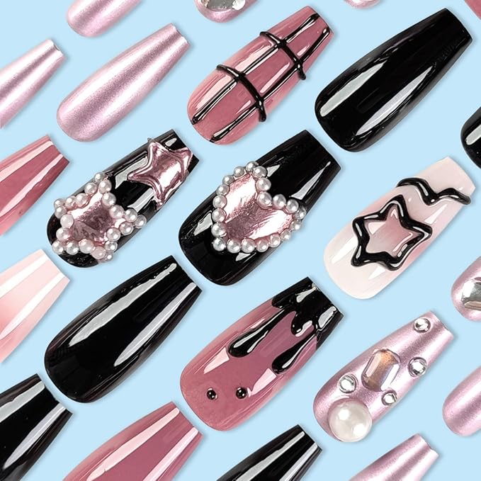 Medium Press on Nails Square Fake Nails Black False Nails with Heart and Star Designs Artificial Nails Stick on Nails for Women 24pcs