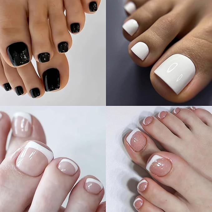 French Tip Press on Toe Nails Short Square Fake Toenails Solid Black White Color Acrylic Toe Nails Glossy Nature Artificial False Nails Glue on Nail for Women Girls Manicure Nail Decoration 24Pcs