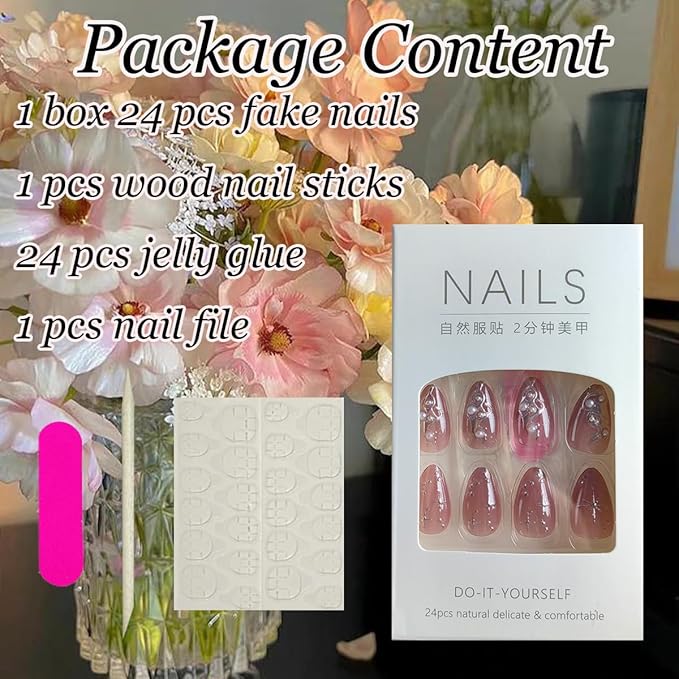 24Pcs Punk Press on Nails Short Almond Fake Nails with 3D Pearl Silver Lines Acrylic Nails Dark Red Full Cover False Nails Y2K Star Glue on Nails Irregular Design Stiletto Artificial Nails for Women
