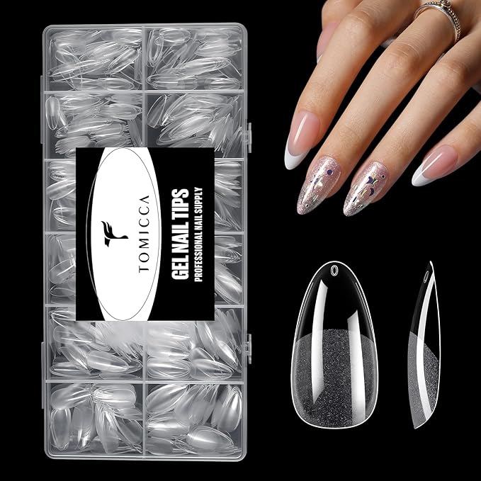 TOMICCA Almond Gel Nail Tips, Half Matte Pre Shaped No Filing Medium Almond Nail Tips, 240 Pcs Gel Tips 12 Sizes, Clear Acrylic Tips for Nail Art, Nail Extension at Home, For Beginners