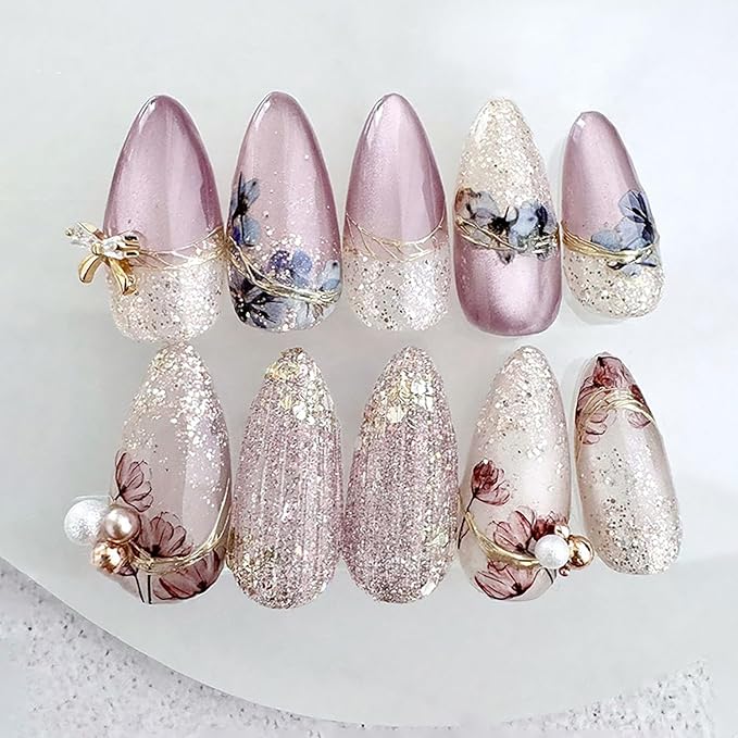24Pcs Purple Press on Nails Medium Almond Fake Nails 3D Bow Pearl with Flower Glitter Design Full Cover Tip Stick on Nails Artificial Floral Glue on Nails Spring False Nails for Women Acrylic Nails