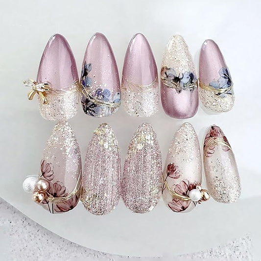 24Pcs Purple Press on Nails Medium Almond Fake Nails 3D Bow Pearl with Flower Glitter Design Full Cover Tip Stick on Nails Artificial Floral Glue on Nails Spring False Nails for Women Acrylic Nails