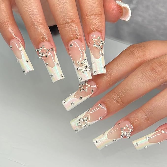 24Pcs Square Acrylic False Coffin Nails with Rhinestones Star Charms Design - White Full Cover Glue on Nails for Women