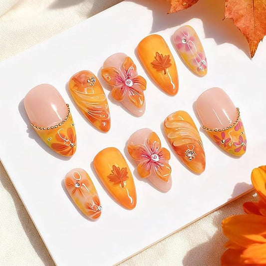 30Pcs Autumn Press on Nails Medium Almond French Tip Fake Nails with 3D Gold Rhinestones Design Fall Flower Acrylic Nails Full Cover Artificial Glue on Nails for Women Thanksgiving Stick on Nail DIY