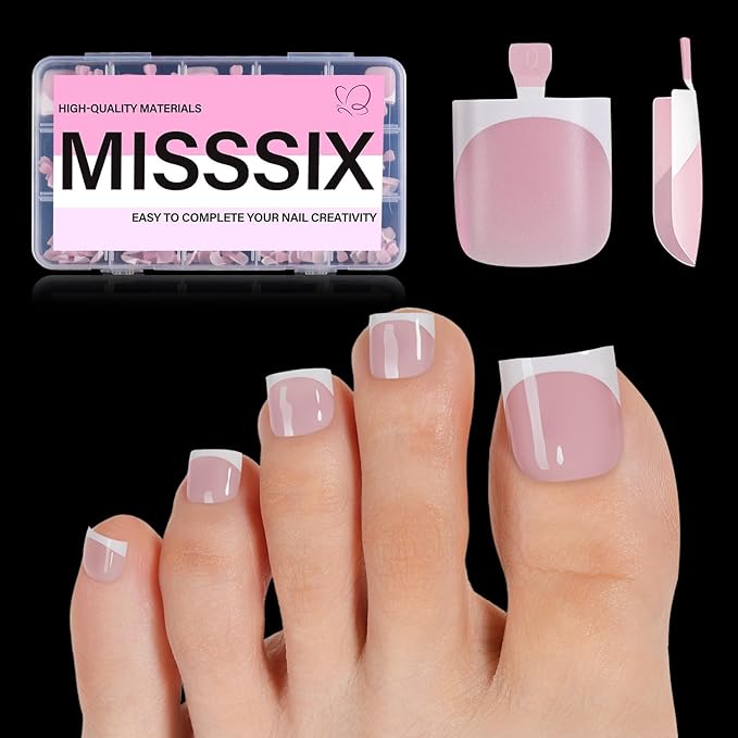 Misssix French Tip Press on Toe Nails, French Square Toe Nail Tips Pink White, Soft Gel False Toenail, Acrylic Soak off Fake Toe Nails for Women Nail Art DIY 15 Sizes
