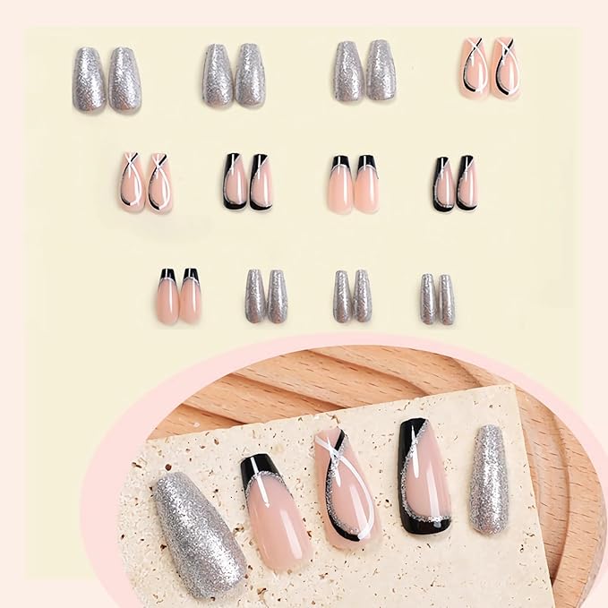BABALAL Long Coffin Press on Nails - Black French Tip Fake Nails, Glitter Bling Nails Glue on Swirl Acrylic Nails False Nails 24Pcs Manicure Squoval Stick on Nails for Women and Girl