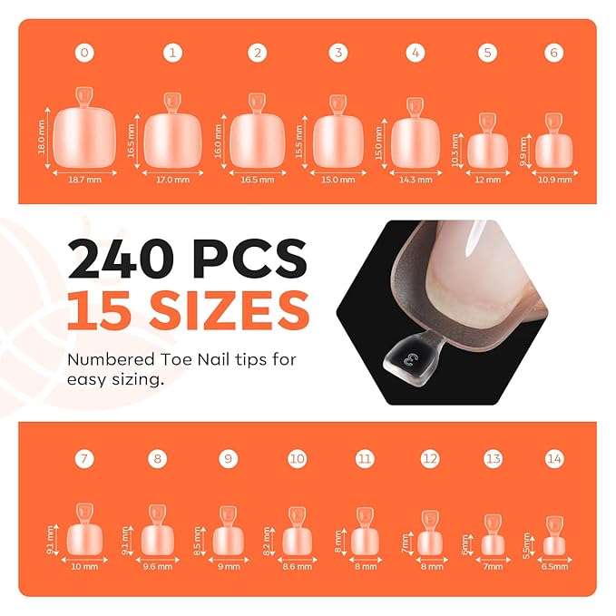 Modelones Toe Nail Tips Short Square Soft Gel Tips Squoval Fake Toe Nails Matte Full Cover Pre-shape Extension Home DIY Salon 240Pcs 15Sizes