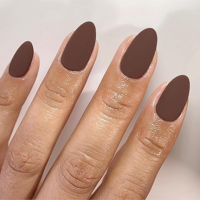 Matte Brown Press on Nails - Short Almond False Nails, Thick Solid Color Glue, Medium Oval Round Shaped Nails for Women, Natural Acrylic Gel Finish