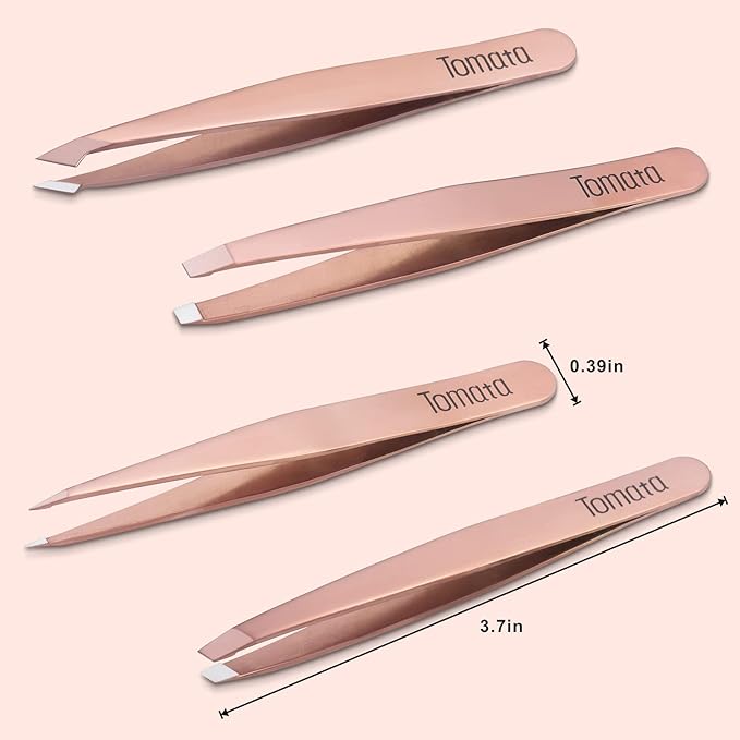 Tweezers for Eyebrows, Slant Tip and Pointed Eyebrow Tweezer Set Great Precision for Eyebrows Facial Hair, Ingrown Hair, Splinter, Blackhead and Tick Remover (4-piece) (Gold)