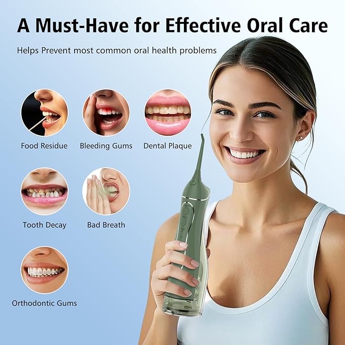 Leominor Water Dental Flosser Pick for Teeth, 300ML Portable Oral Irrigator Upgraded Tank Removable,IPX7 Waterproof, Rechargeable Travel Teeth Cleaner, Professional Electric Flossing Machine(O-Green)