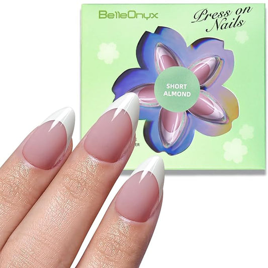 Press On Nails Almond White French Tip Nails wtih Glue & Glue Remover Short Nail Tips, Stick On Nails Kit in 15 Sizes, Glossy Natural Fit Reusable for Busy Mom