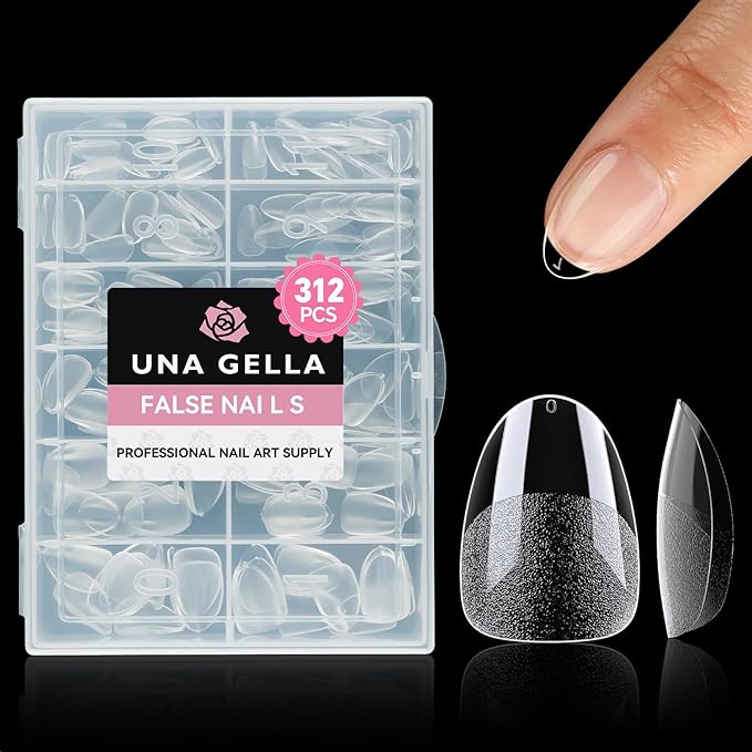 UNA GELLA Extra Short Almond Nail Tips, 312pcs XS Short Almond Gel Nail Tips Pre-Shaped Half Matte Full Cover No Need File Soft Gel Clear Fake Nails for Nails Extension Home DIY Salon 12 Sizes