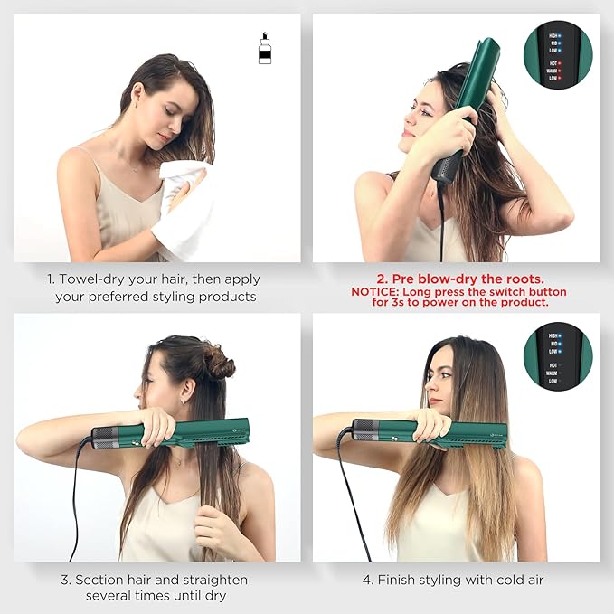 IG INGLAM Air Straightener, Style From Wet Hair, 2.2" Dryer Straightener, 200M Negative Ionic, One-Step Air Straight for Medium and Long Hair (14"-30"), Dark Green