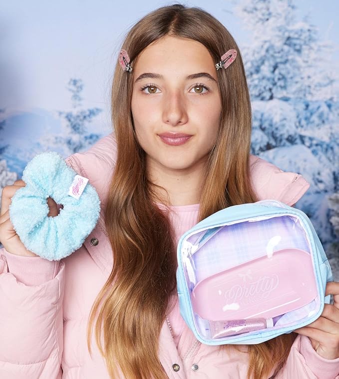 Petite N Pretty Get Ready with Me Essentials Set - Sparkly Ever After All Over Glitter (Mini Size), Makeup Tray, Scrunchie & Hair Accessories (Duck Clips), Makeup Bag for Girls, Teens, and Tweens