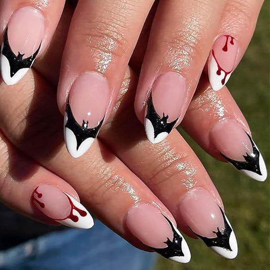 Halloween Bat Press on Nails Medium Almond Fake Nail with Blood Drop Designs White French Tip Acrylic False Nail Horror Glue on Nails Full Cover Halloween Stick on Nails for Women Party Manicure 24Pcs