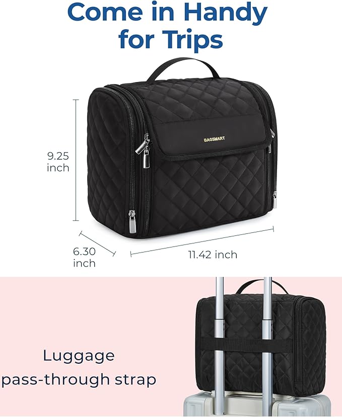 BAGSMART Hanging Travel Toiletry Bag, Large Capacity Water-resistant Cosmetic Organizer with Handle for Brushes Accessories, Black