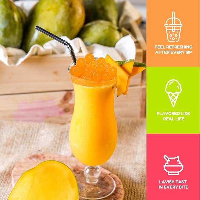Fanale Mango Popping Boba Pearls, Vegan, Non GMO, Gluten Free, Fat Free, Perfect for Bubble Tea, Smoothies, Ice Cream, Desserts, and Beverages.