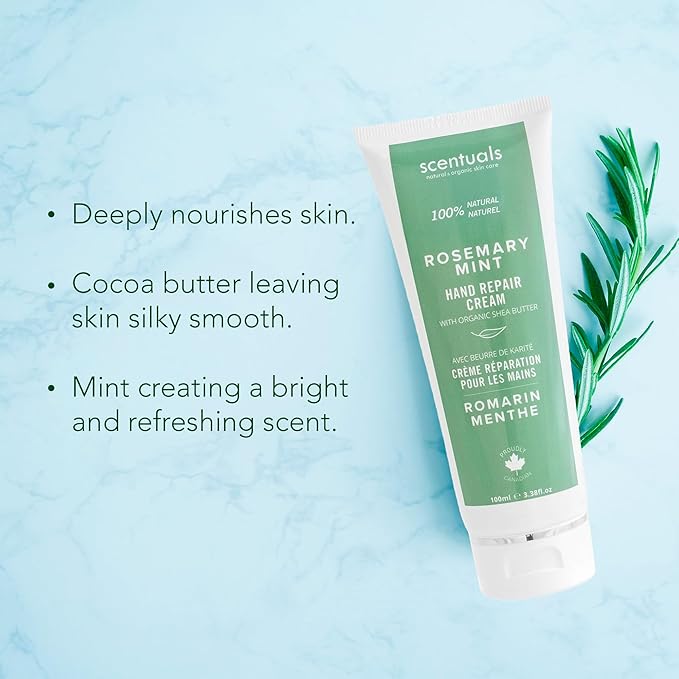 Hand Cream with Rosemary & Mint Essential Oil, Shea Butter, Cocoa Butter, Argan & Almond oil, Vitamin E and Aloe Vera, for Moisturizing Dry Hands, Cruelty Free, Natural Skin Care, 100 ml, 3.4 fl.oz