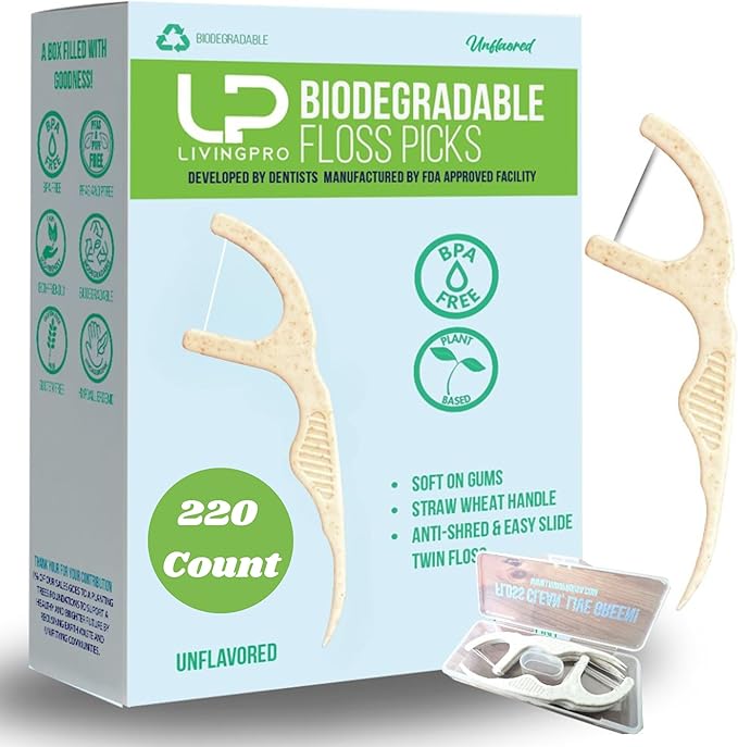Plant Based Floss Picks(220pcs) with Travel Case- Planet-Friendly Thin Single Thread Dental Picks, Shred-Resistant- Easy Glide for Plaque Removal & Gentle on Gum -Oral Care for Adults & Kids