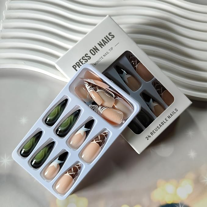 3D Press on Nails Animal Print French Tips Fake Nails Zebra Crocodile Tortoiseshell Patterns False Nails Long Stiletto Full Cover Artificial Glue on Nails Star Stick on Nail for Women 24Pcs