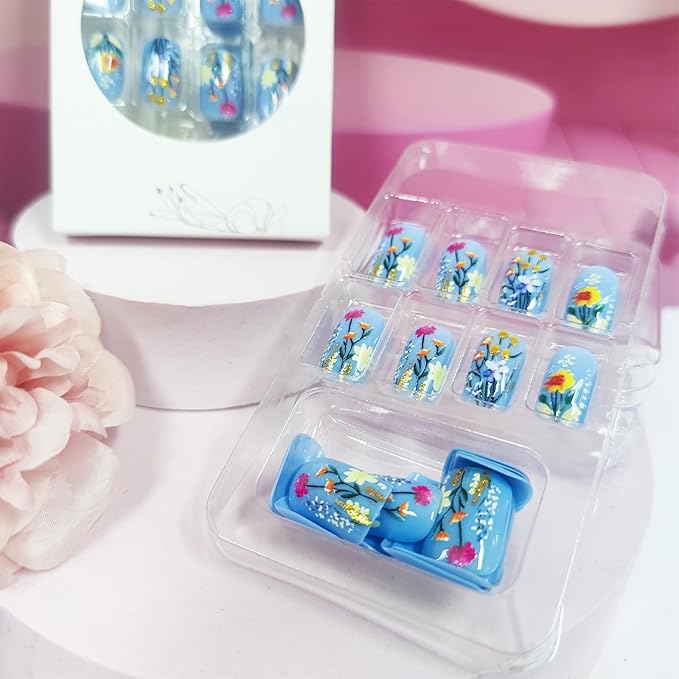Blue Press on Nails Short Square Acrylic Full Cover False Nails Spring Flower Stick on Nails Glossy Gold Glitter Fake Nails 24Pcs Wild Flowers Gel Glue on Nails for Coquette Women Girls