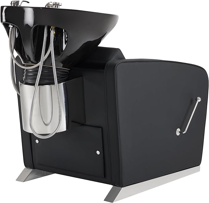 BarberPub Backwash Shampoo Station Chair, Adjustable Porcelain Ceramic Hair Wash Bowl Sink Unit Station, Reclining Shampoo Station Chair for Spa Beauty Salon Hair Salon Equipment 9303 (Black)