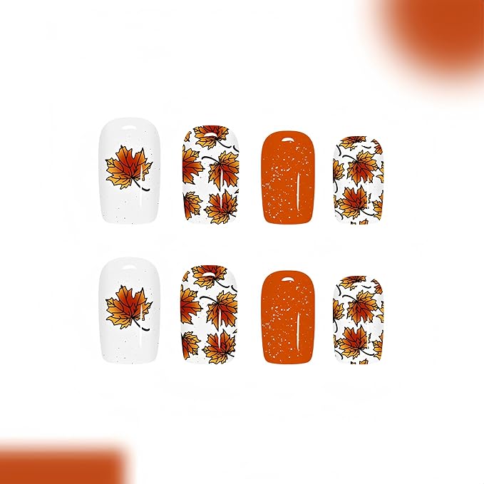 24Pcs Fall Press on Nails Medium Square Fake Nails with Maple Leaf Glitter Designs Orange Acrylic Nails Glossy Autumn Stick on Nails Glue on Nails Thanksgiving Nail Press ons for Women Manicure