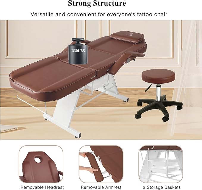 Facial Chair,73 inch Tattoo Chair for Client,3-Section Adjustable Massage Table with Hydraulic Stool, Multipurpose Beauty Beds Salon Equipment for Esthetician, Tattooshop, Spa (Brown)