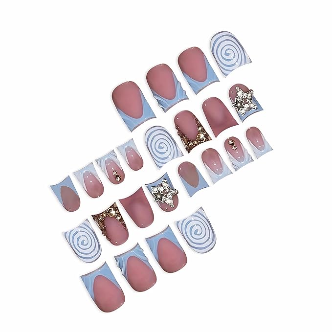 BABALAL Duck Press on Nails Blue Gold Fake Nails Short French Tipwith Swirl Designs Glue on False Nails Short Press ons Sparkly Artificial Y2k Star Stick on Nails for Women 24Pcs