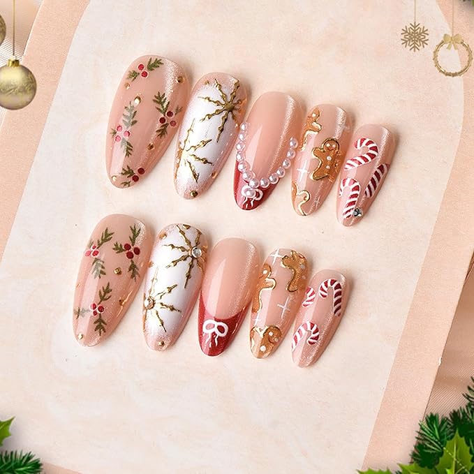 Christmas Press on Nails Medium Almond French Tip Fake Nails Xmas Gingerbread Man Holly Snowflake False Nail Glossy Pink Glue on Nails with Pearl Designs Christmas Acrylic Nail for Women 24 Pcs